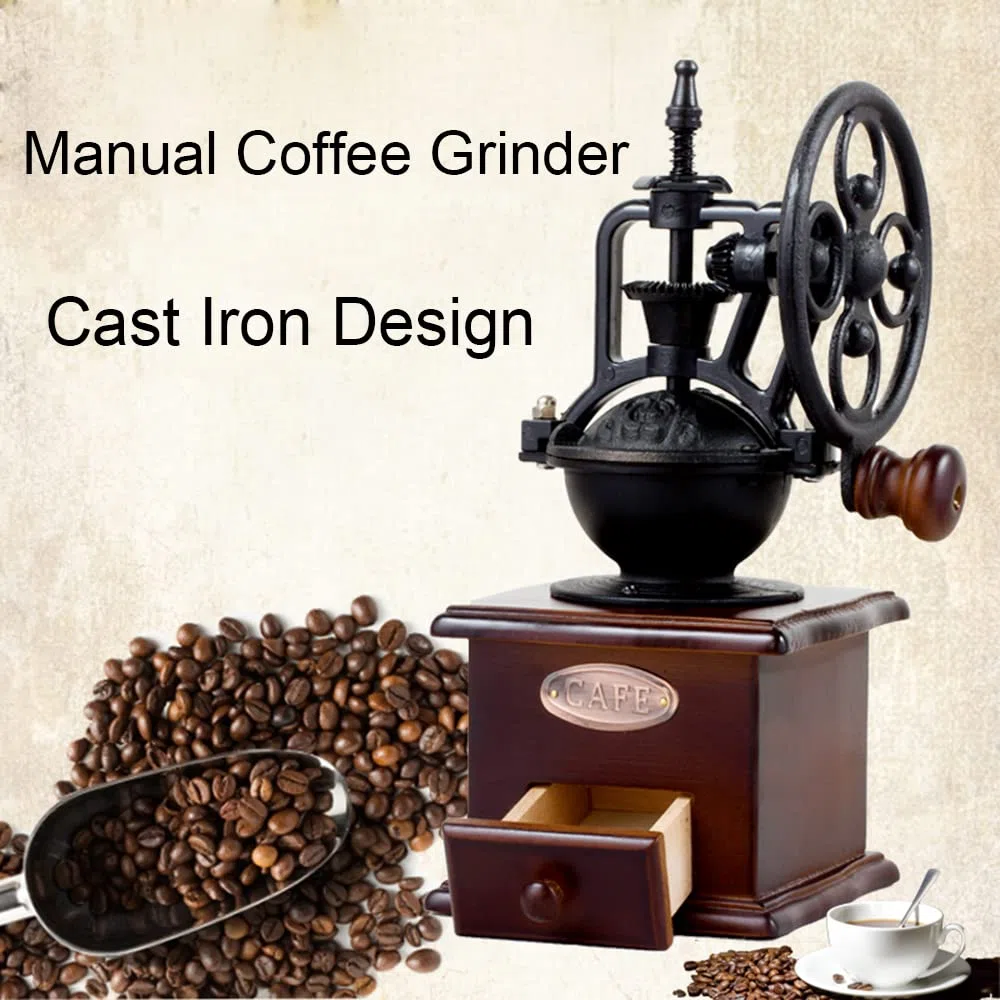 Molinillo de café manual Coffee Grinder Encantadora molino de café retro en diseño antiguo hecho de madera y hierro fundido Espressomühle para granos de café