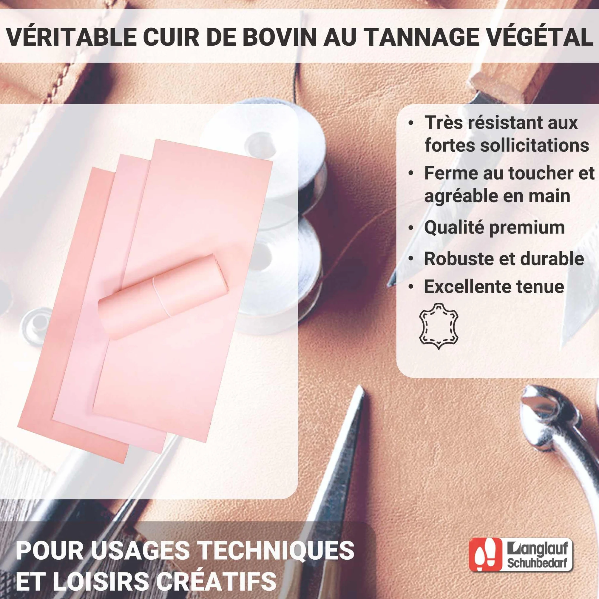 Langlauf Schuhbedarf Piel de vacuno curtida de 250 mm x 600 mm, piel de vacuno curtida vegetal, piel de vacuno completa (grosor de la piel 2,5-3,0 mm)