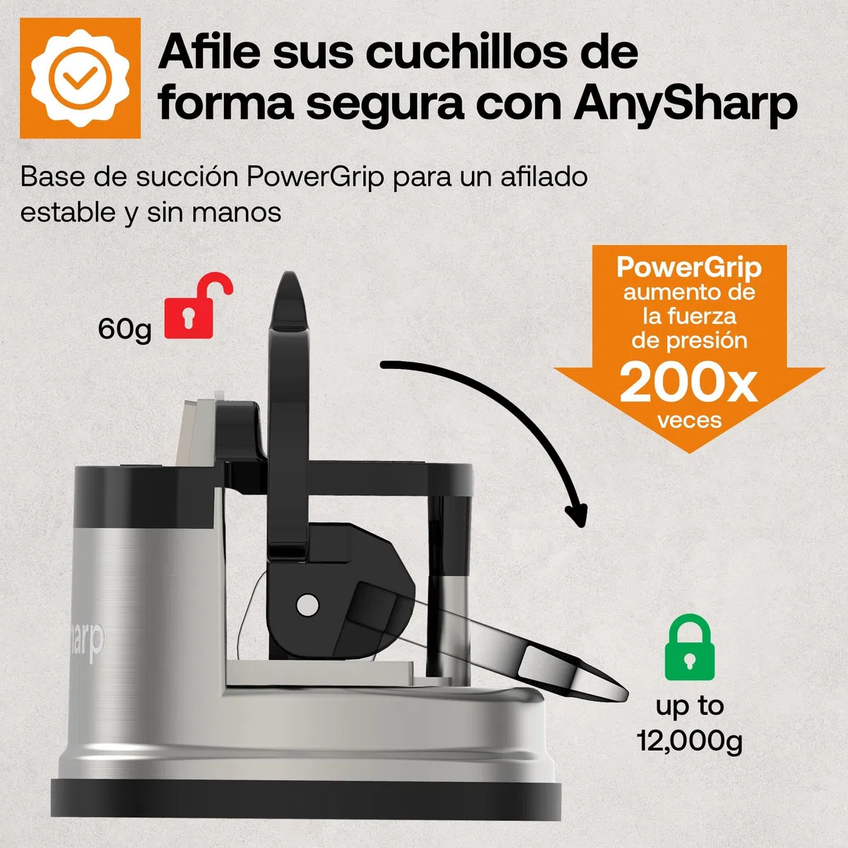 AnySharp Pro Afilador de Cuchillos (Metal) con Ventosa, Metal Cepillado