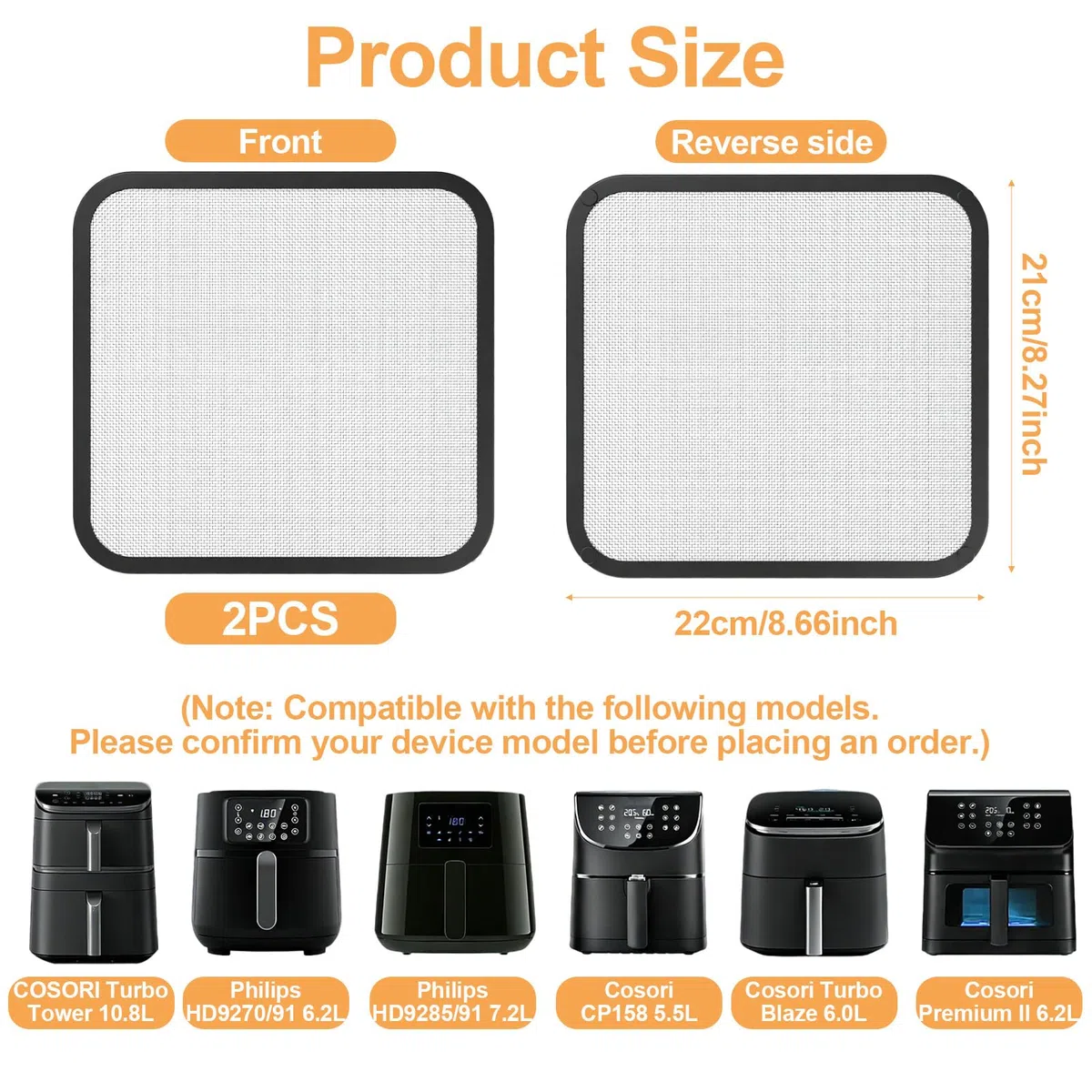 2Pcs Protector Contra Salpicaduras para Freidora de Aire Cosori CP158 5,5L, TurboBlaze 6,0L, Premium Il 6,2L, Turbo Tower 10,8L, Philips HD9270/91 6,2L, HD9285/91 7,2L, Protección Contra Grasa