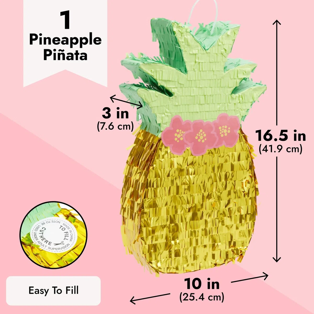 Piñata de piña para decoraciones de fiesta hawaiana Luau, cumpleaños de niños (16.5 x 10 x 3 pulgadas)