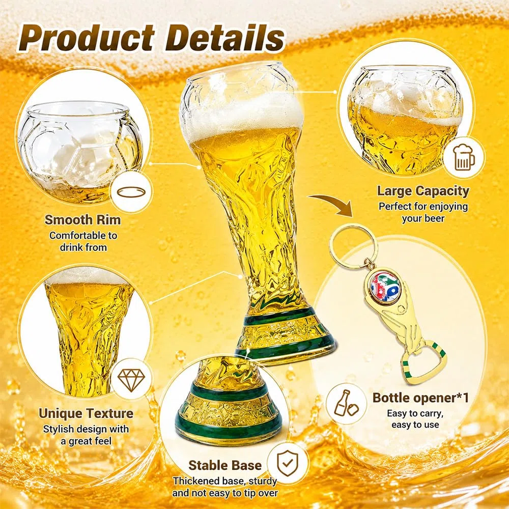 Jarra de Cerveza de Fútbol, 500 ml Trofeo de Cerveza para Fiestas con Abridor de Botellas en Forma de Trofeo para Cerveza, Cócteles, Bebidas y Fiestas de Fútbol (Versión transparente)