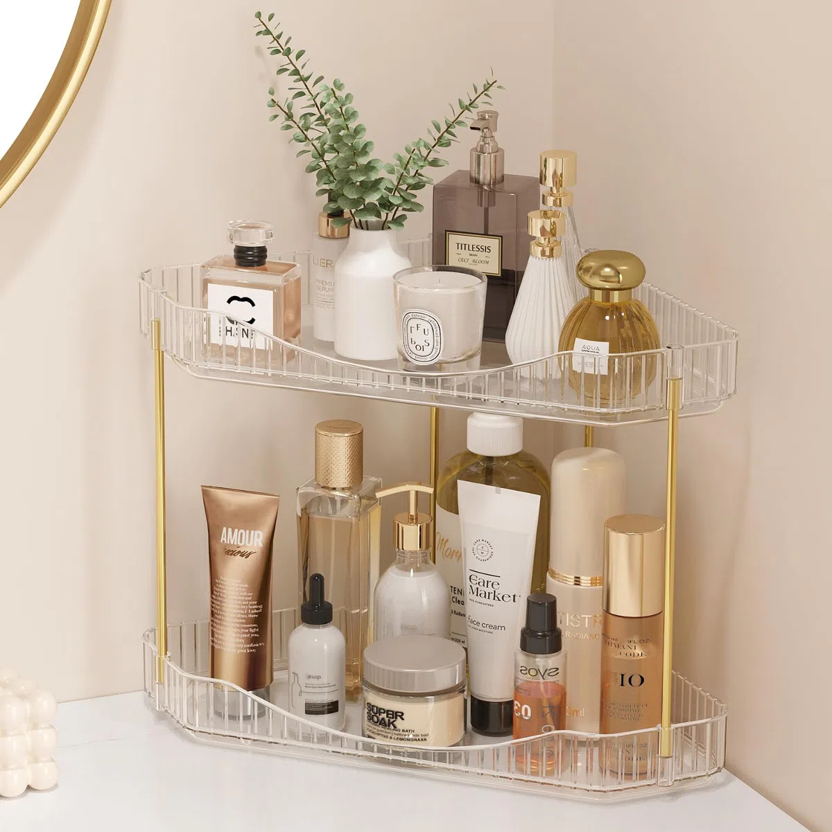 Lifewit Organizador de 2 Niveles para Encimera de Baño, Organizador de Plástico para Maquillaje y Cuidado de la Piel, Bandeja y Estante para Cosméticos en Dormitorio, Tocador, Cocina (Transparente)