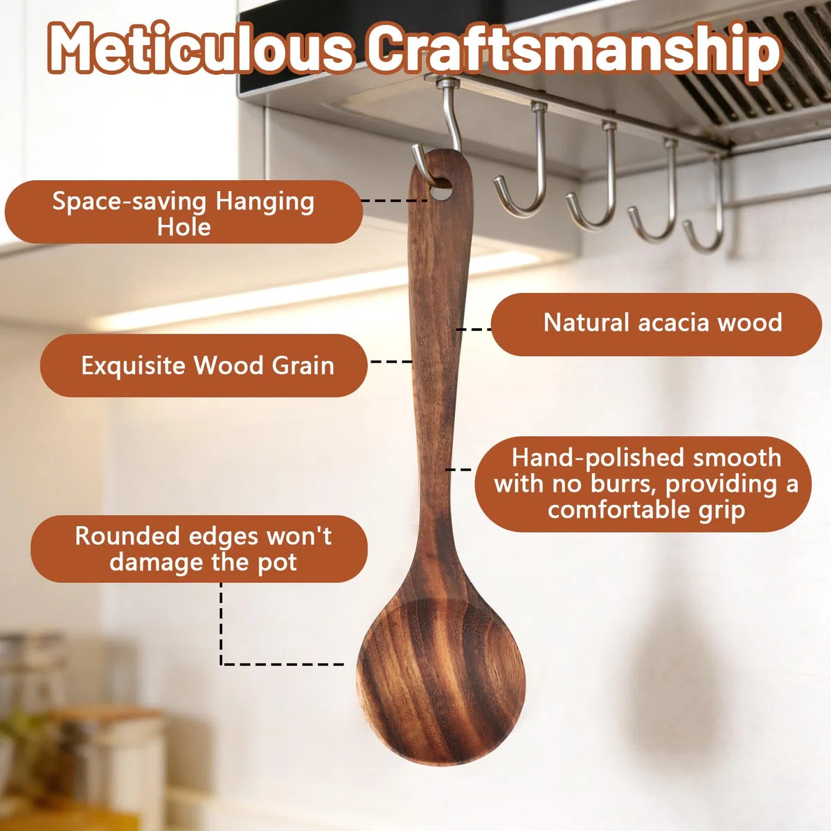 Juego Utensilios de Cocina Madera Acacia 5 Piezas con Espátula Cucharón Cuchara para Arroz Tenedor de Ensalada Compatible con Sartenes Antiadherentes incluye 5 Ganchos para Cocina Hogar