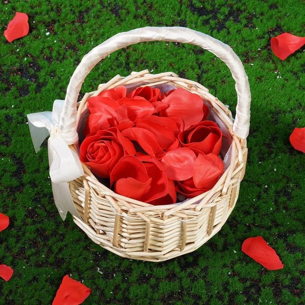 Cestas Pequeñas Mimbre Con Asa Aprox. 1,5 L, Cestas Pequeñas Mimbre Con Asa, Boda Flor Canastilla, Canasta De Niña De Las Flores, Canastilla Para Comuniones, Para Bodas y Decoración (Blanco)