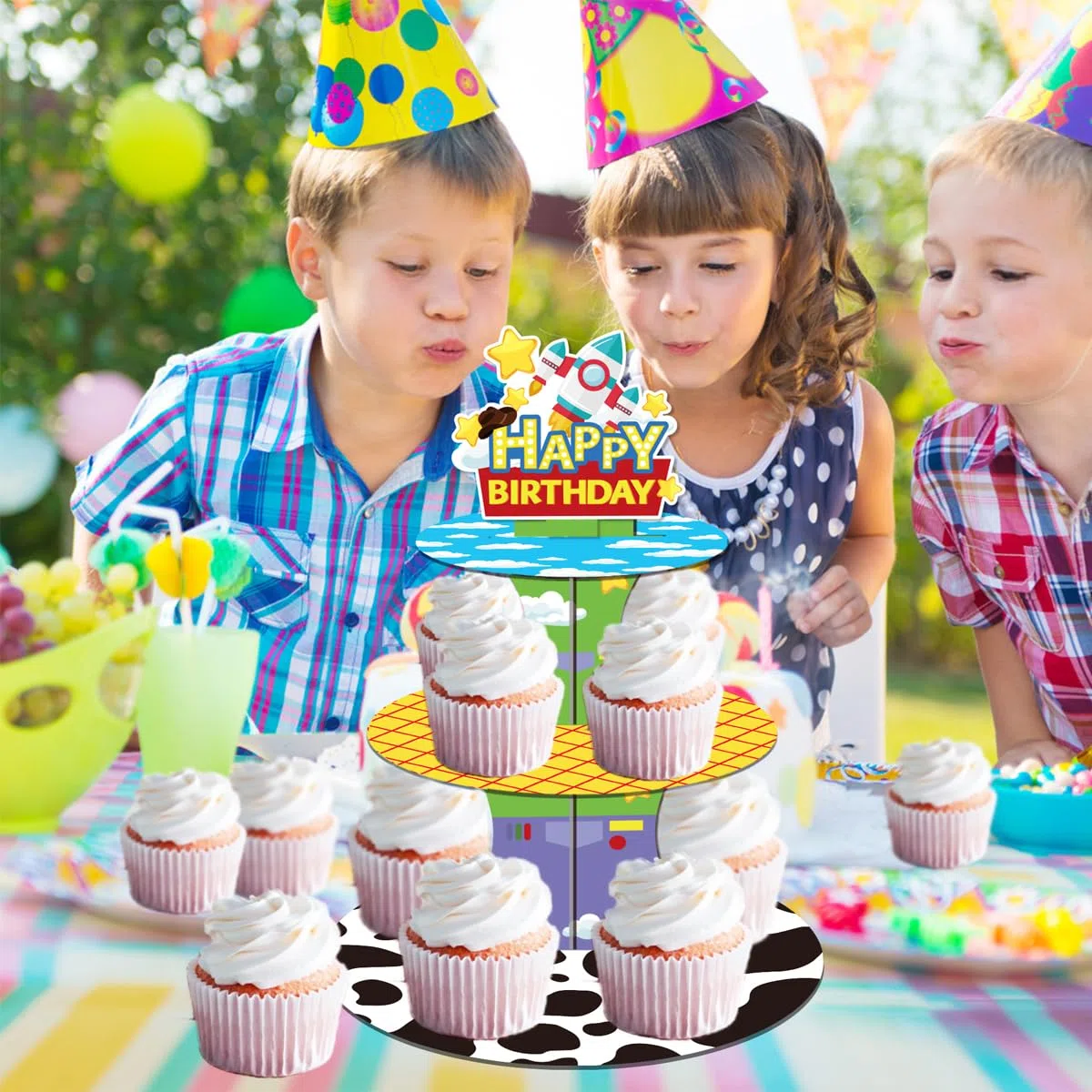 Soporte para Cupcakes de Cartoon Story, Película Animada Torre de postres de 3 Pisos, Decoración de la Tarta Tema Toy, para Decorativo de Fiestas de cumpleaños para niños y Adultos