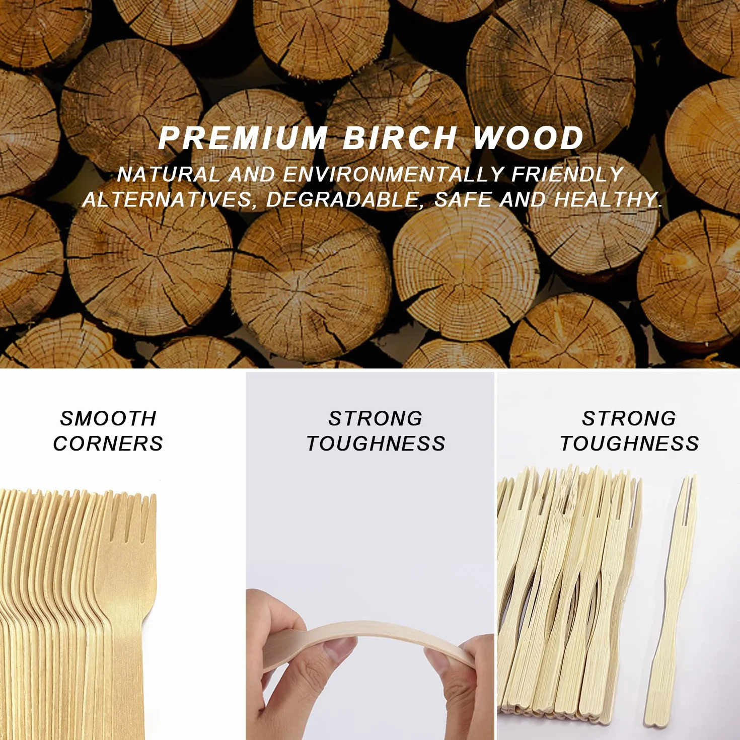 Juego de tenedor y cuchillo de madera desechable de 90 piezas, incluye 30 cuchillos, 30 tenedores y 30 palitos de fruta de bambú degradable