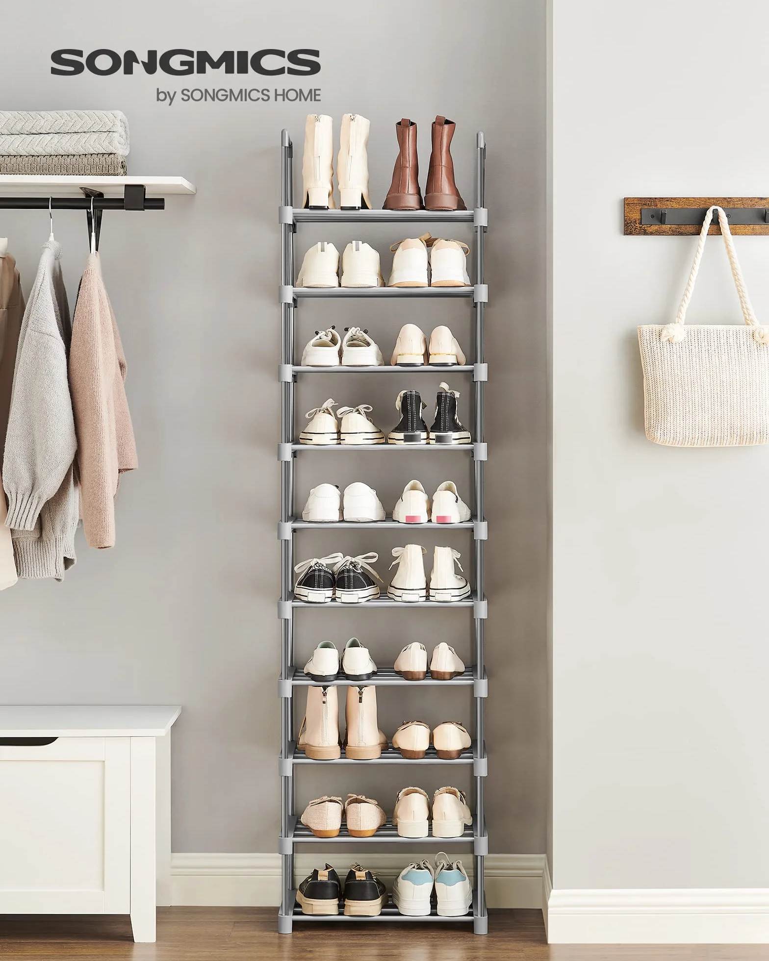 SONGMICS Zapatero, 10 Niveles, Zapatero Estrecho, Organizador de Zapatos de Metal, Pasillo, Salón, Armario, Ahorra Espacio, Apilable, para 10-20 Pares, 30 x 45 x 174 cm, Gris LSA025G02