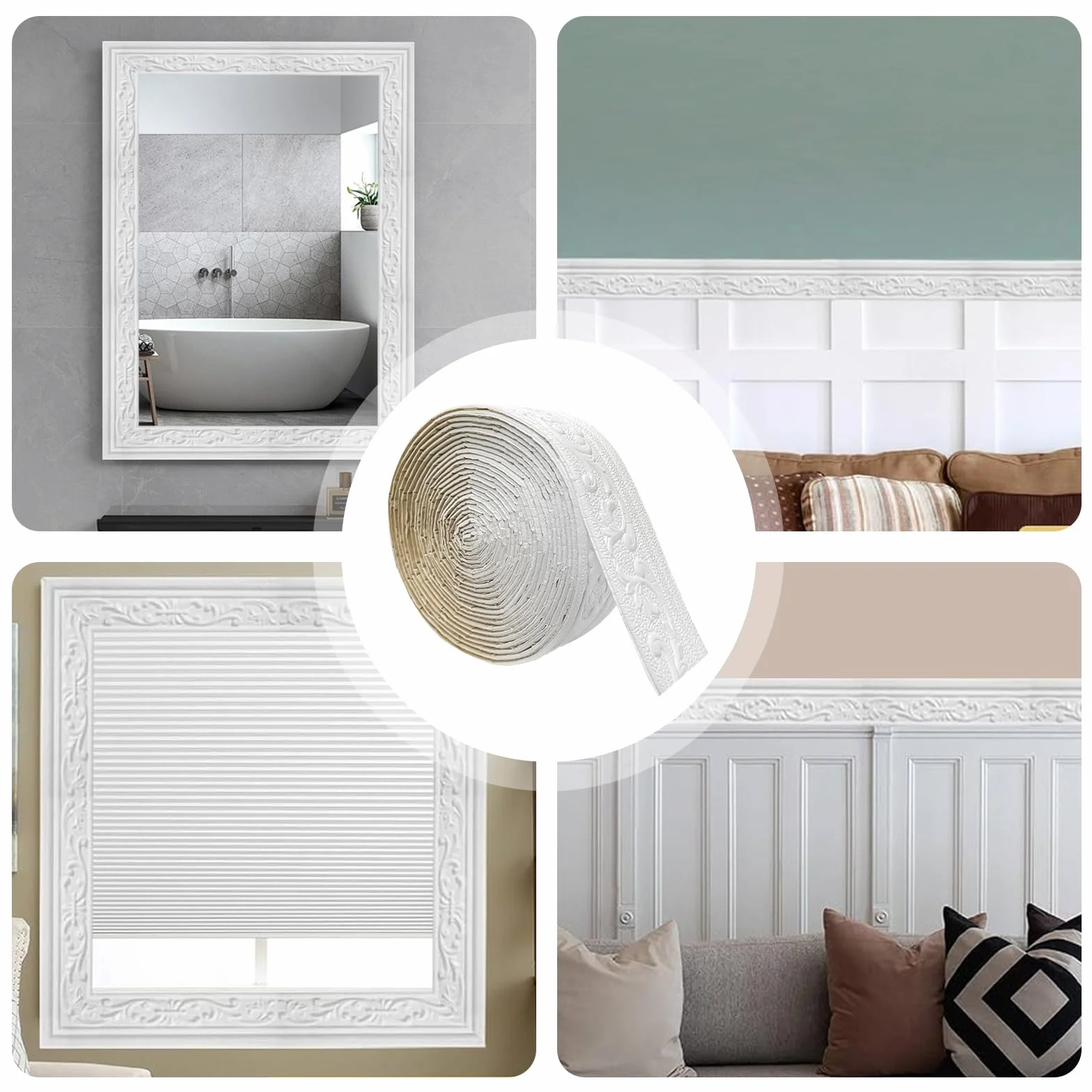 Cenefa Adhesiva para Pared 10mx8cmx5mm,Cenefas Adhesivas para Paredes Suave e Impermeable, Molduras Decorativas Adecuado para Pasillos, Murales, Techos, Esquinas, Líneas, Paredes(Blanco)