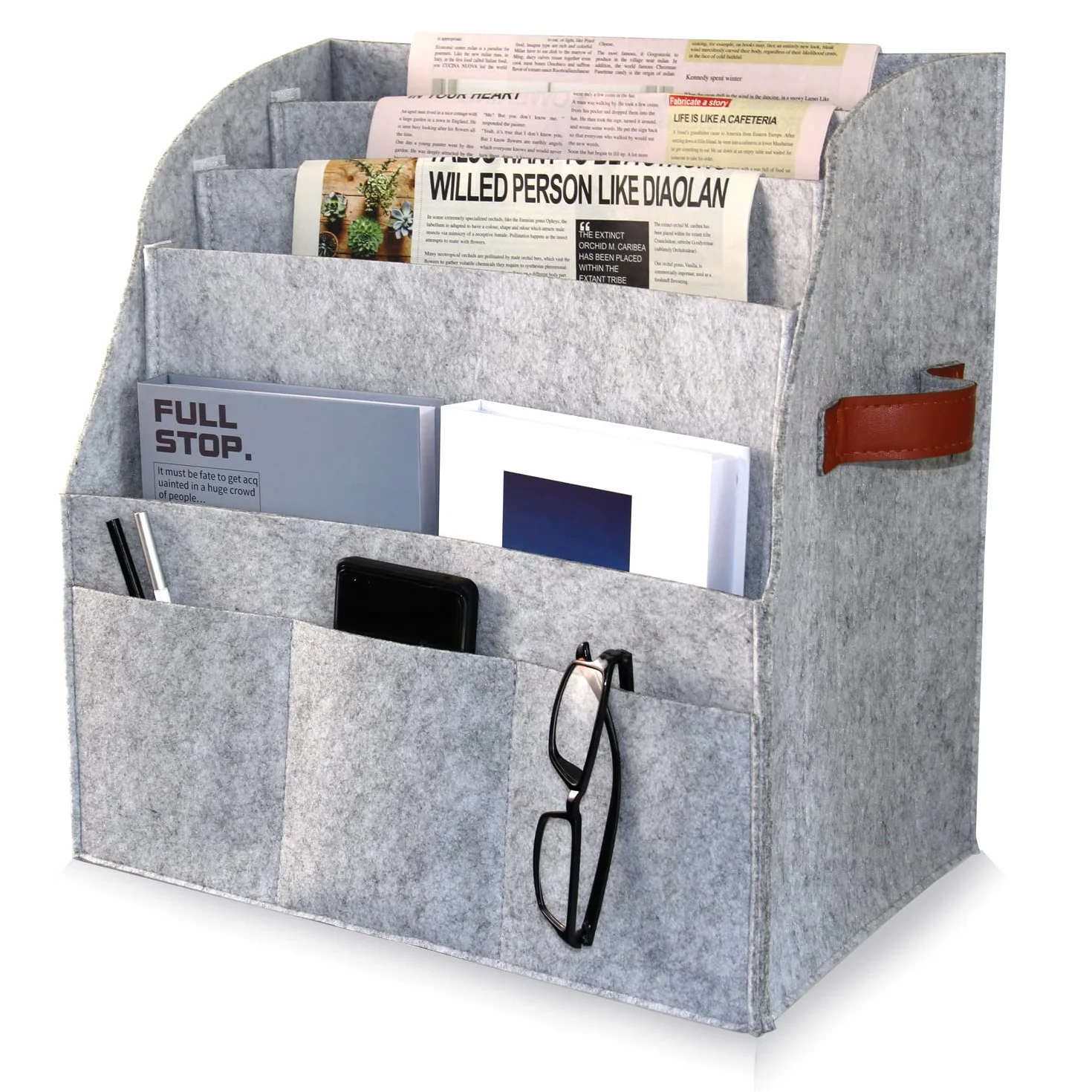 Estantes de revistas plegables, trasteros de periódicos, colectores de revistas de cestas de fieltrograndes,4 plantas y 3 bolsillos pequeños, gafas y espaciode almacenamientopara teléfonosmóviles