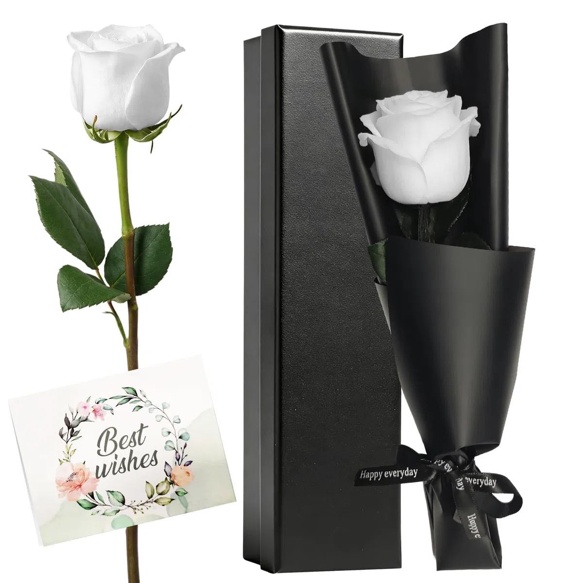 Rosa Eterna Natural Blanca con Tallo en Caja de Regalo, Rosa Preservada, Regalo Elegante para Mujer, Mamá, Esposa en Cumpleaños, San Valentín, Día de la Madre, Navidad