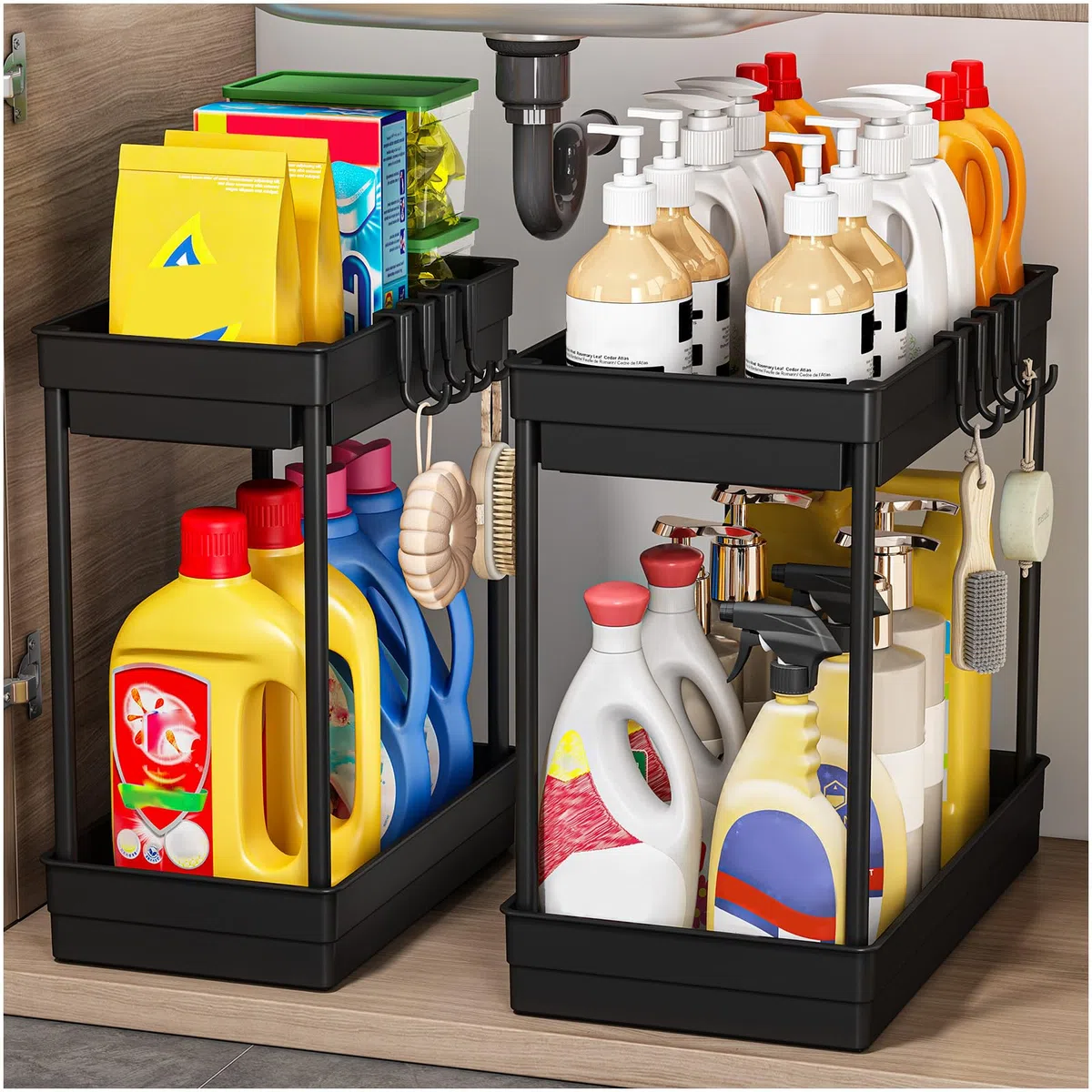 TidyTrove 2 Paquete Organizador Bajo Fregadero - Organizador Cocina 2 Niveles para Debajo del Fregadero,Organizador Baño con 8 Ganchos,Negro