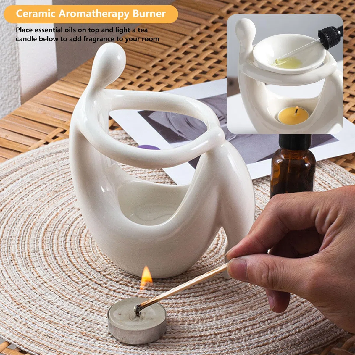 Quemador De Aceite Esencial De Cerámica, Quemador De Cerámica, Portavelas de Aceite Aromático, para La Decoración del Dormitorio, Hogar, Oficina, Meditación Regalo, Blanco