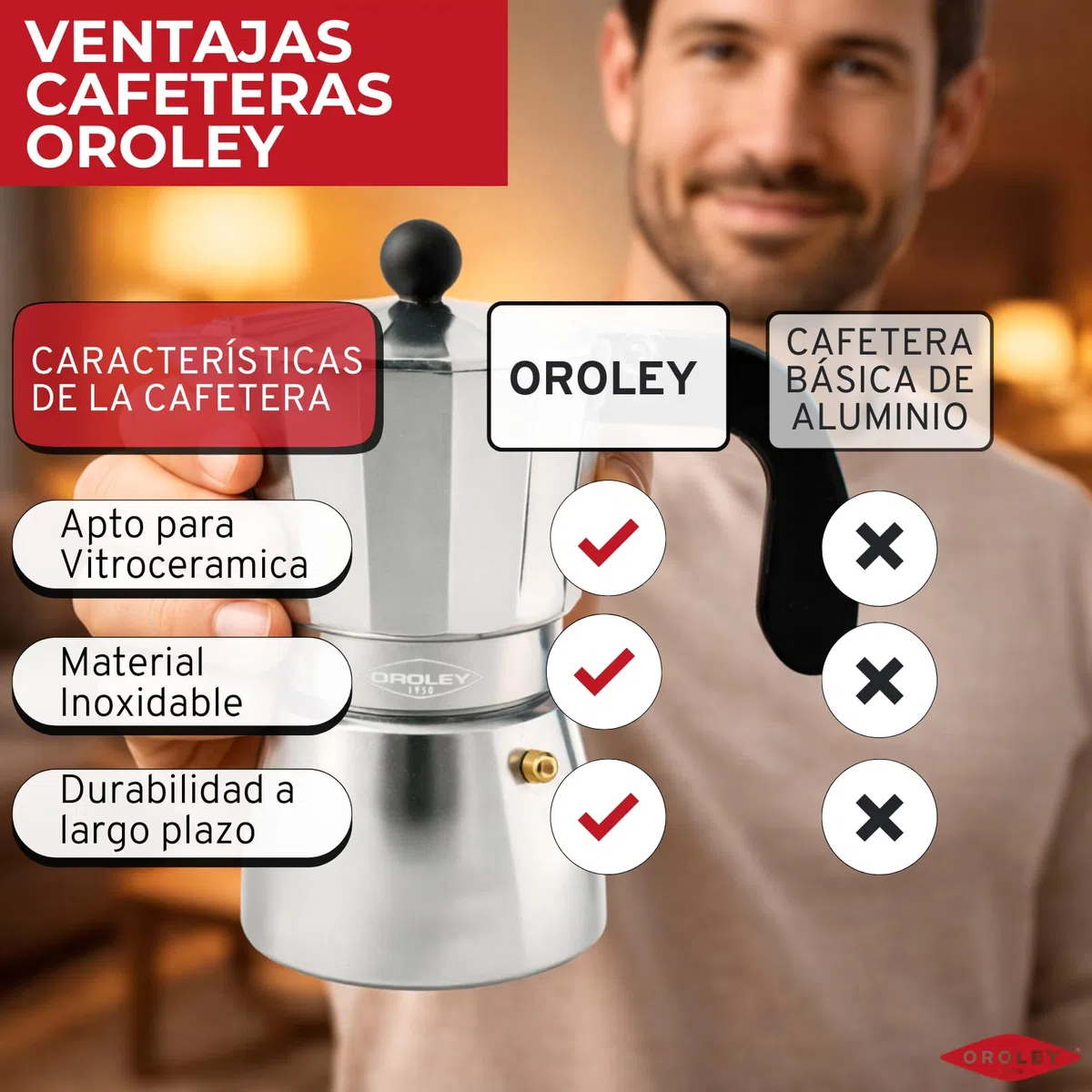 Oroley - Cafetera Italiana Alu | Aluminio | 6 Tazas | Cafetera Vitrocerámica, Fuego y Gas | Estilo Tradicional