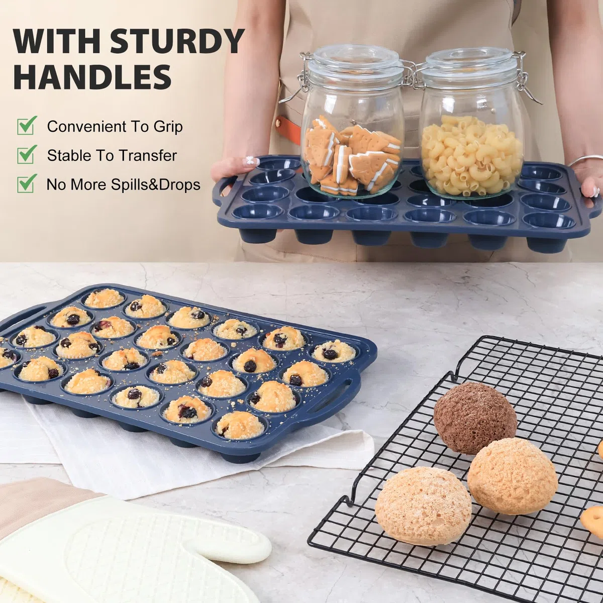 SUPER KITCHEN Pack 2 Moldes Magdalenas 24 Huecos, Silicona con Asas, Estructura Metálica Estable, Fácil Limpieza, Libre de BPA, Cupcake, Brownie, Gris
