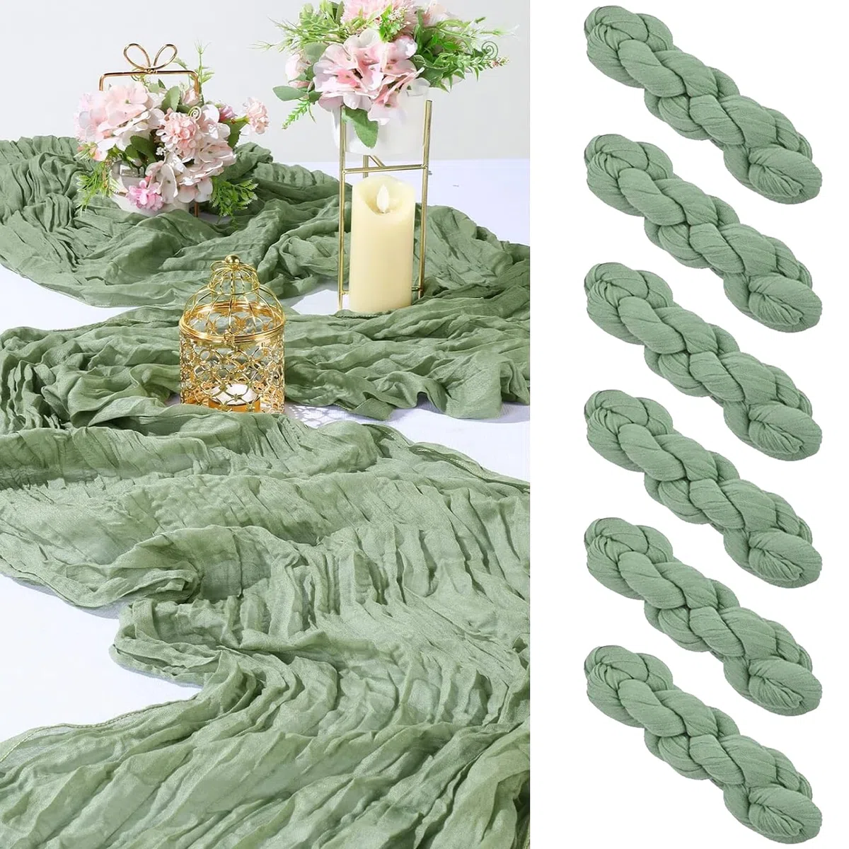 6 Piezas Camino de Mesa Verde Salvia 90 x 300 cm Camino de Mesa Verde Boho Banda de Mesa Bohemio con Textura Arrugada, Mantel Rústico de Gasa para Boda Cumpleaños Decoracion de Mesa