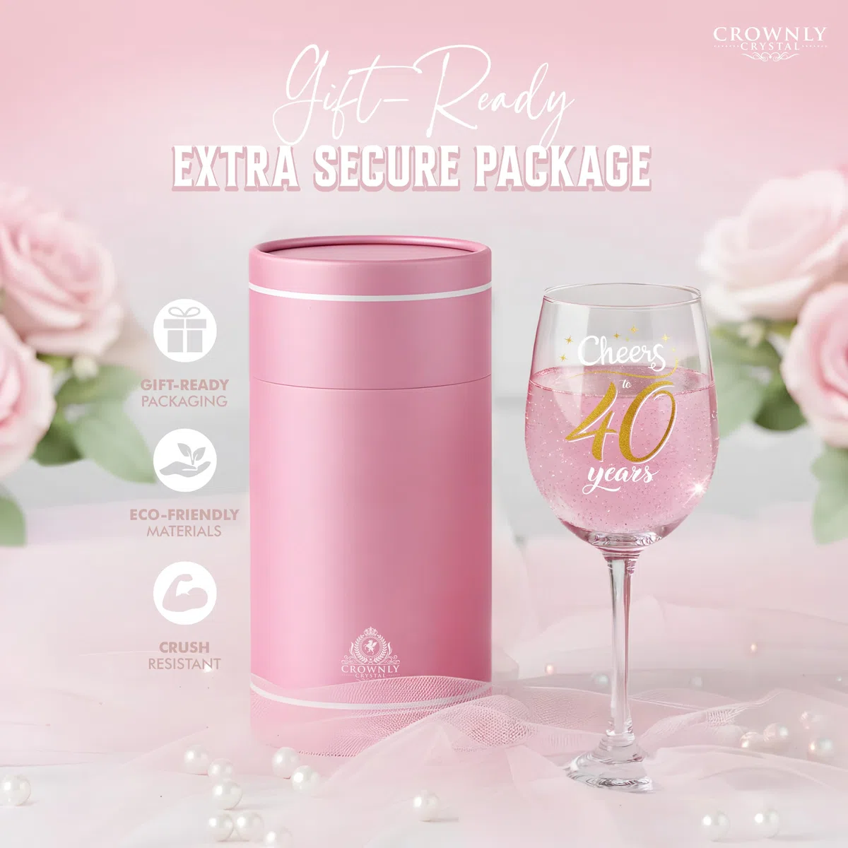 CROWNLY CRYSTAL Copa Vino Cristal Regalo Personalizado Mujer 40 Años Cheers To 40 Years Cumpleaños Mujer Aniversario Brindis Elegante Copa Para Vino Cava Y Cócteles Recuerdo Especial
