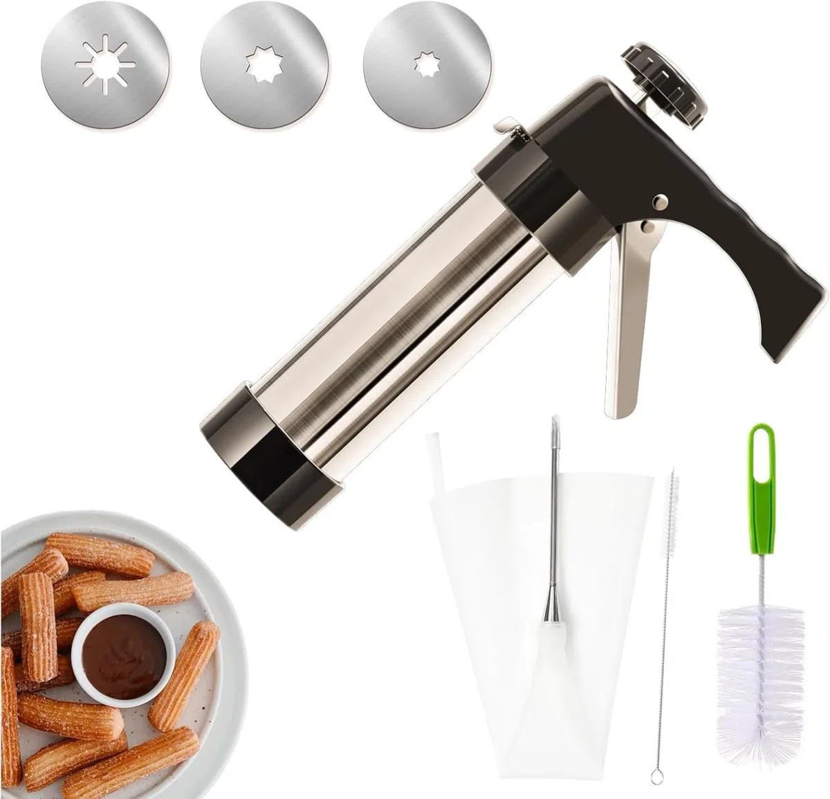 Churrera con 3 boquillas de diferentes formas, churrera para churros, bolsa de glaseado con boquillas para varias decoraciones, máquina de churros diámetro 5,6 x 21 cm