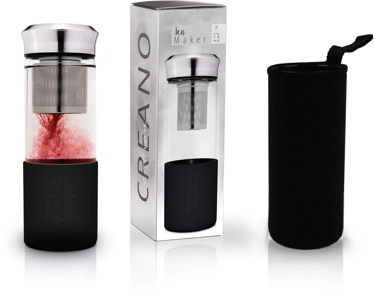 Creano Teamaker Tetera Nómada de Vidrio de Borosilicato 400ml con Filtro de Acero Inoxidable y Funda de Neopreno Hermética – Negro