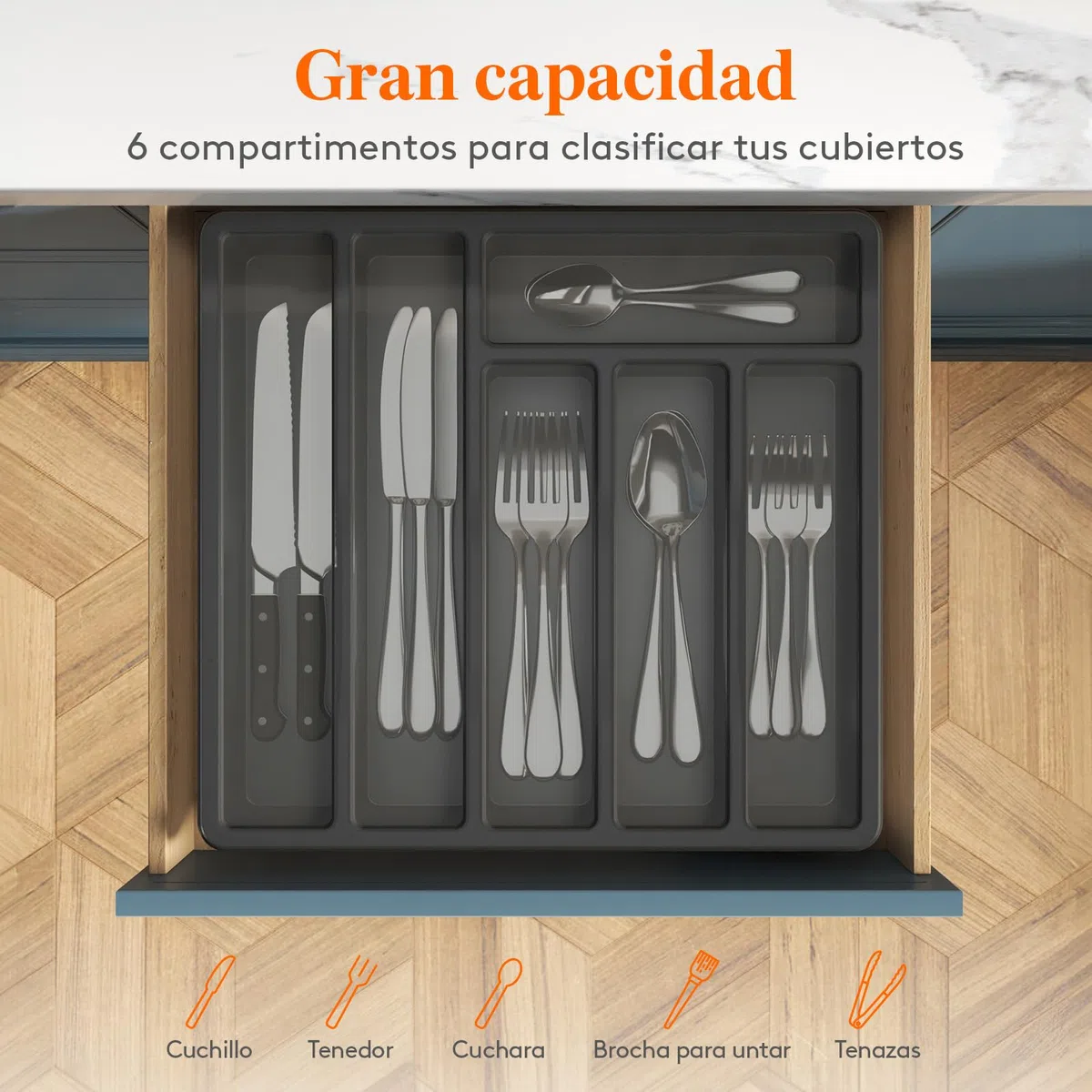 Lifewit Organizador cubiertos para cajon con tapa, Caja de cubiertos para cajón de cocina, Organizador de cajón de plástico para cuchillos, tenedores, cucharas, Bandeja con 6 compartimentos, Negro