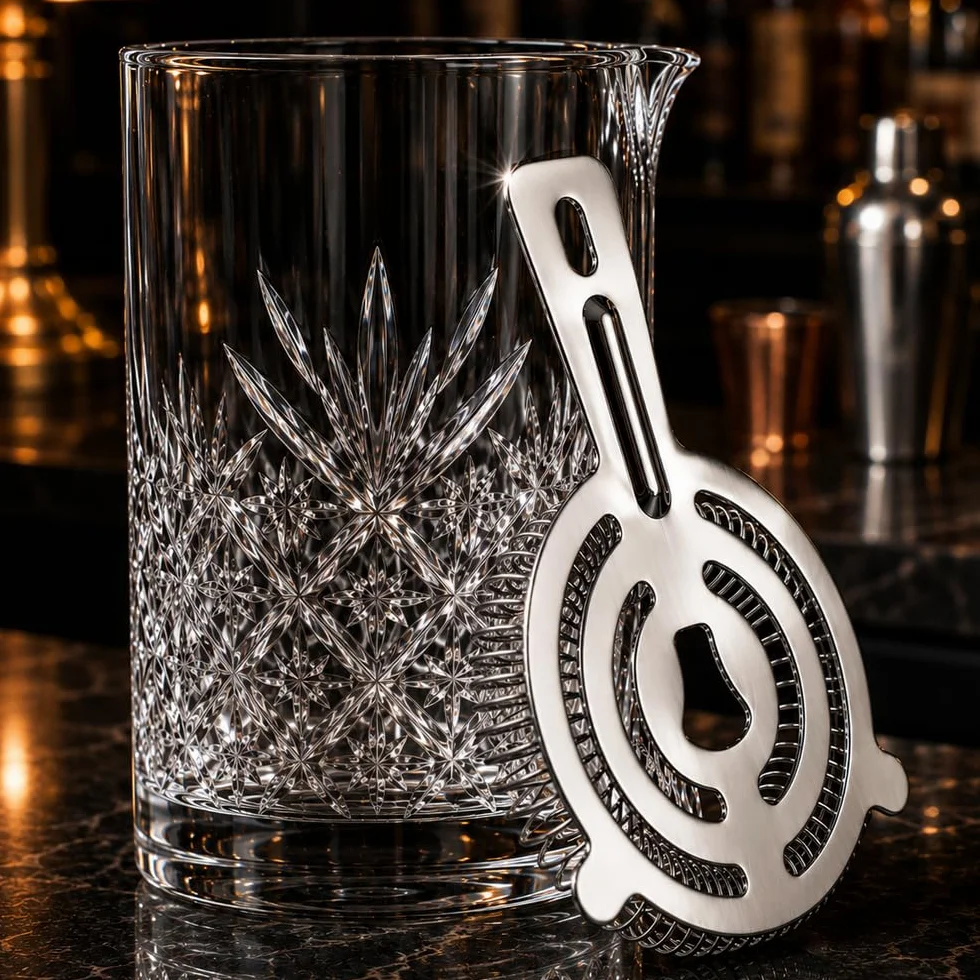 Jarra de cristal para mezclar cócteles con colador Hawthorne, jarra grande de 725 ml de cristal cortado para mezclar cócteles (plata)