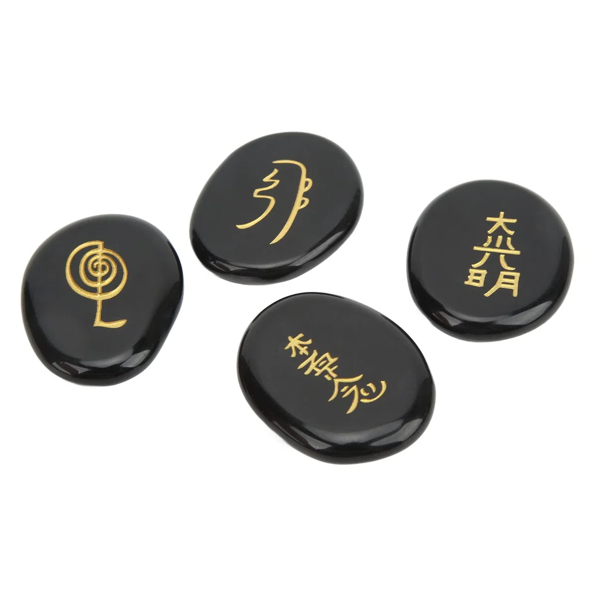 4 Piedras de Símbolos de Reiki, Símbolos de Chakra Grabados, Piedras Pulidas, Superficies Más Lisas, Piedras de Reiki Grabadas para Decoración del Hogar, Regalo de Adorno(Obsidiana)