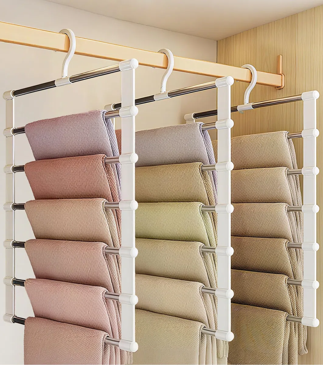 3 Piezas Perchas para Pantalones, Juego de Colgadores Múltiples, Ahorra Espacio 7 en 1, Gancho Giratorio, Organizador de Acero Inoxidable para Jeans, Faldas, Bufandas, Vaqueros, Ropa y Corbatas