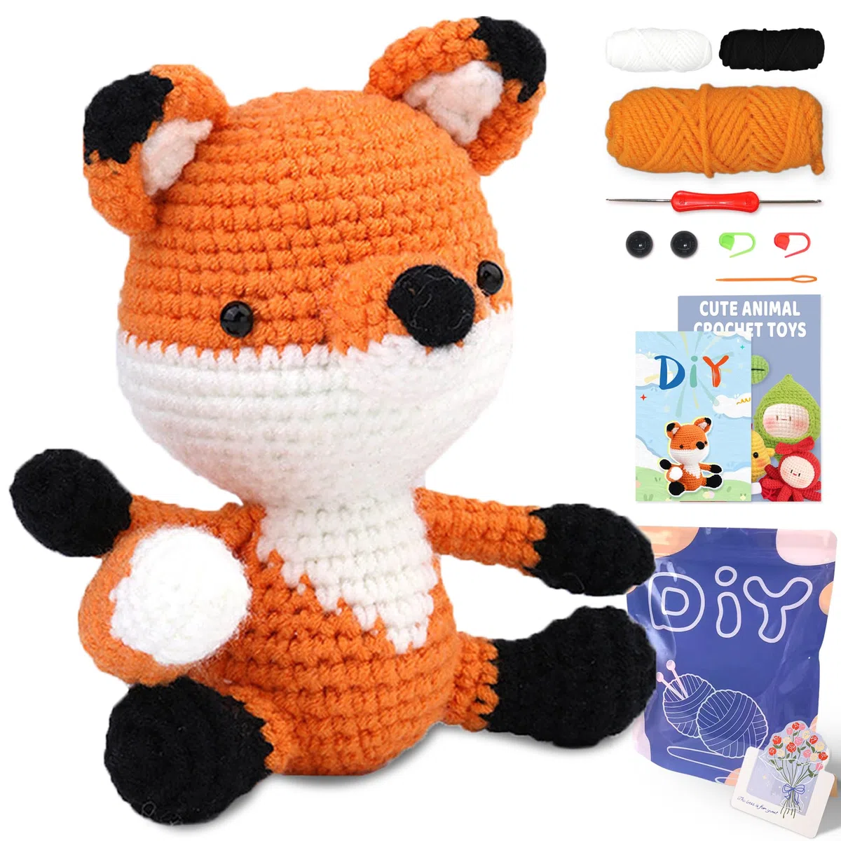 YAMAXIN Kit de ganchillo para principiantes, zorro, animal, fácil de aprender a iniciar, kit de tejer amigurumis y kits de manualidades de hilo para niños y adultos, bricolaje con tutoriales en video
