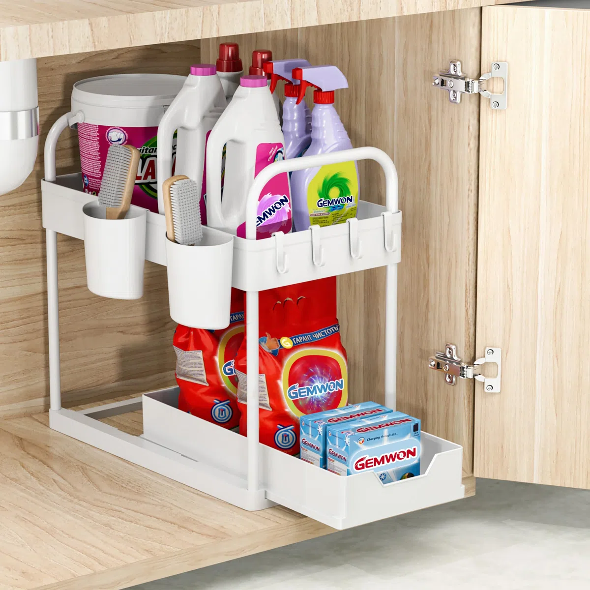 Organizador Cocina 2 Niveles, Deslizable bajo Fregadero, Extraíble Estante Almacenamiento Debajo con 8 Ganchos y 4 Cesta Colgante para Cajones, Baño Blanco-1 Paquete