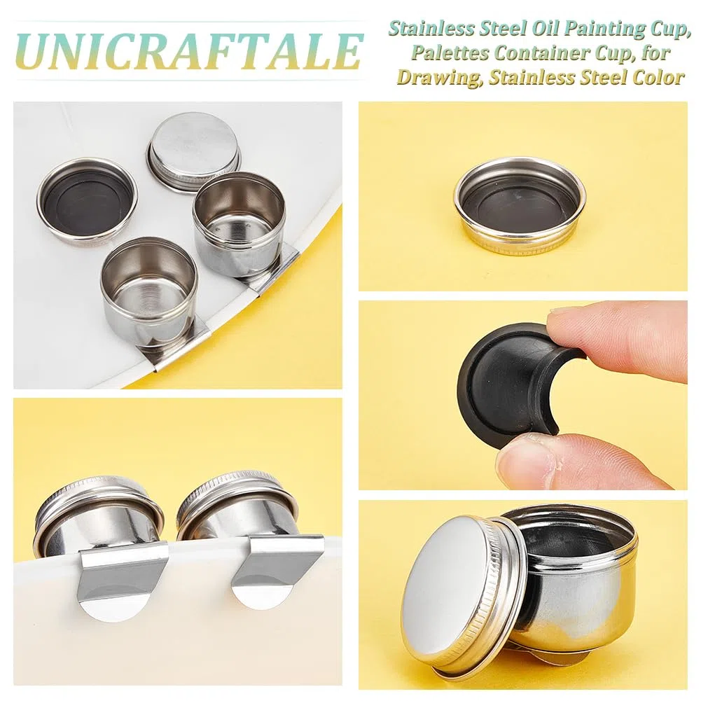 UNICRAFTALE 4 Pieza de Acero Inoxidable Pintura Al Óleo Taza Paletas Contenedor Taza Metal Cazo Pintura Recipiente Contenedor con Tapa Y Clip Boca Grande Solo Cazo Paleta Taza para Dibujar