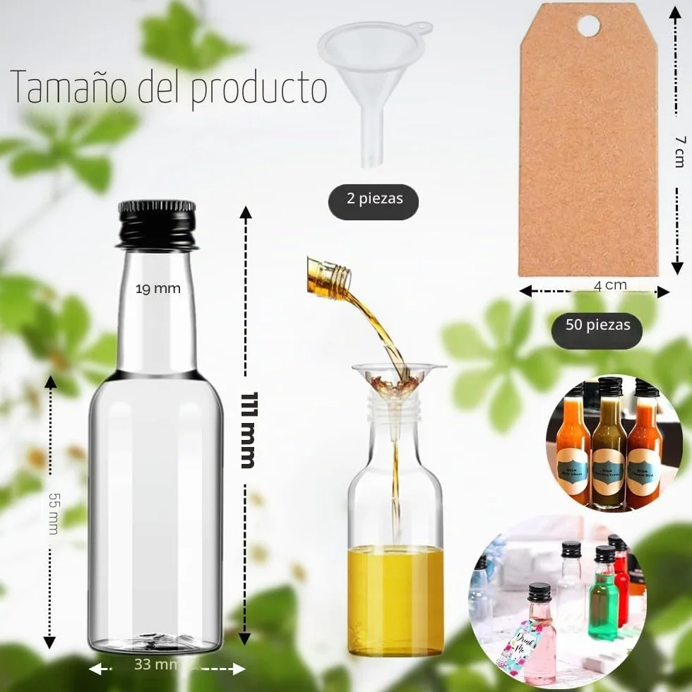 Mini Botellas Licor 50 ML con Tapón Rosca Negro 2 Embudos 24 Piezas