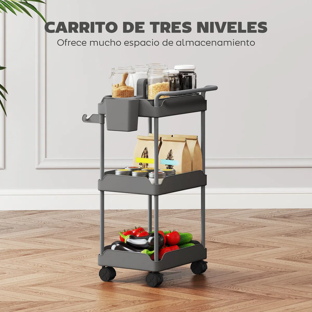 HOMCOM Carrito Auxiliar con Ruedas de 3 Niveles, Carrito de Cocina con Cestas Extraíbles, Ruedas con Freno, Soporte para Toallas y Marco de Metal, para Comedor, Salón, Baño, Oficina, Gris