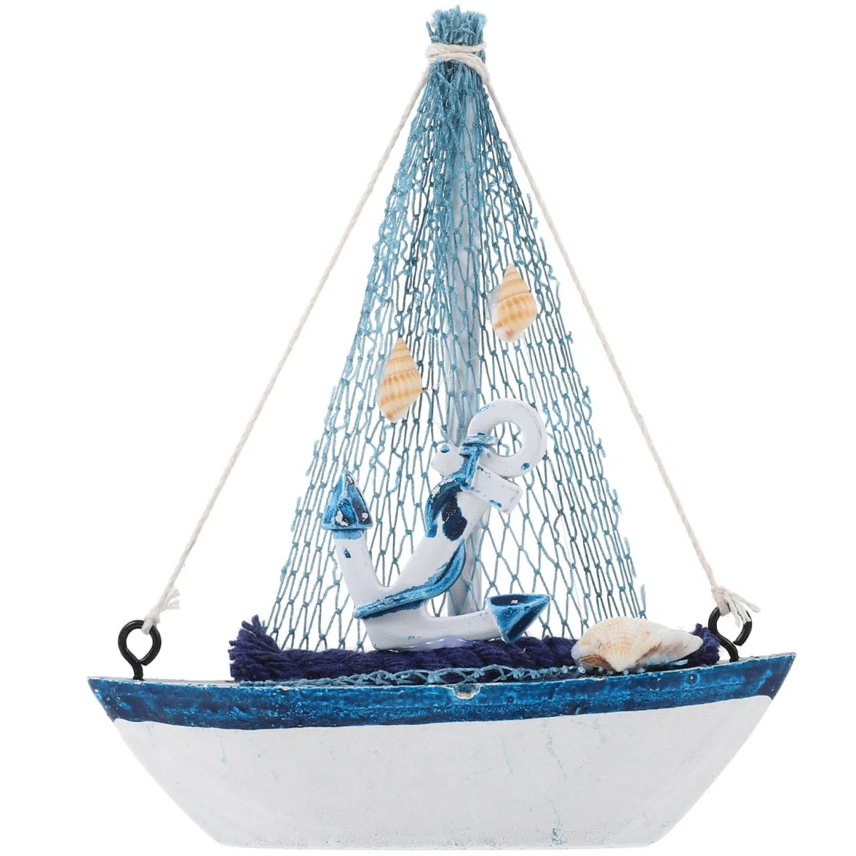 Modelo de Barco de Madera con Red de Pesca, Ancla, Concha náutica, decoración marítima para el hogar, decoración de Mesa