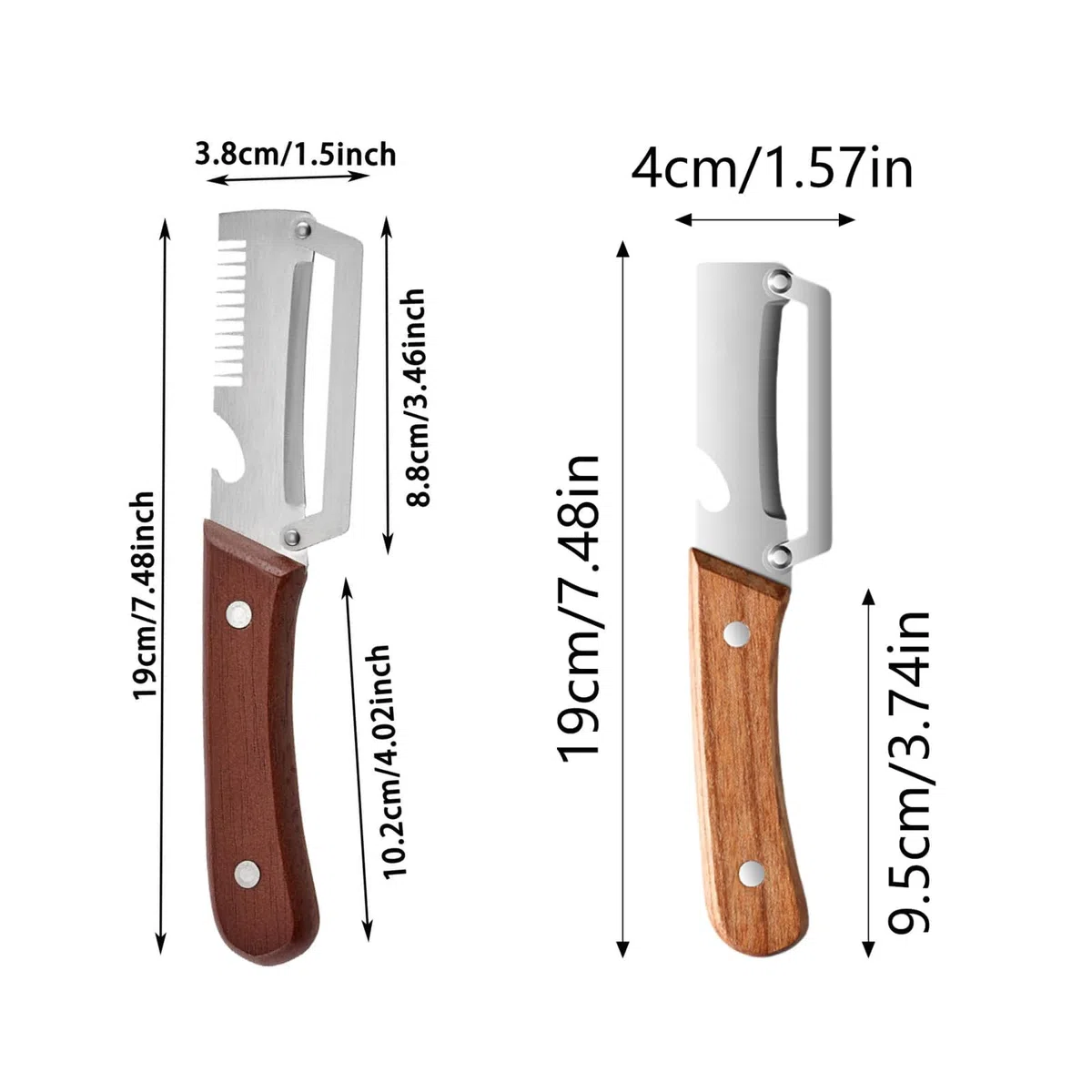 Pelador Multifuncional 3 en 1 con Mango ergonómico de Madera, pelador de Patatas y Frutas de Acero Inoxidable con función de Cortador para Embutidos y Verduras (Pack de 2 Unidades)