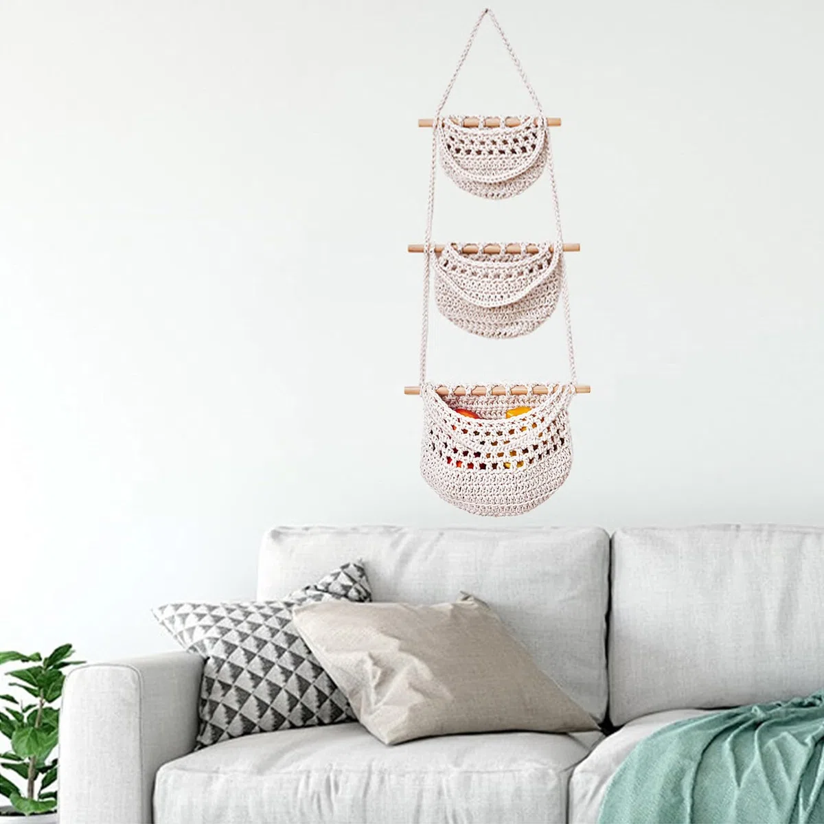 Cesta Colgante de Frutas, Hecha a Mano Cesta de Fruta, Cesta de Frutas Colgantes de Tejido, Diseño Desmontable, Adecuado Para Almacenar Fruta, Verdura, Aperitivos y Otros Artículos, Beige
