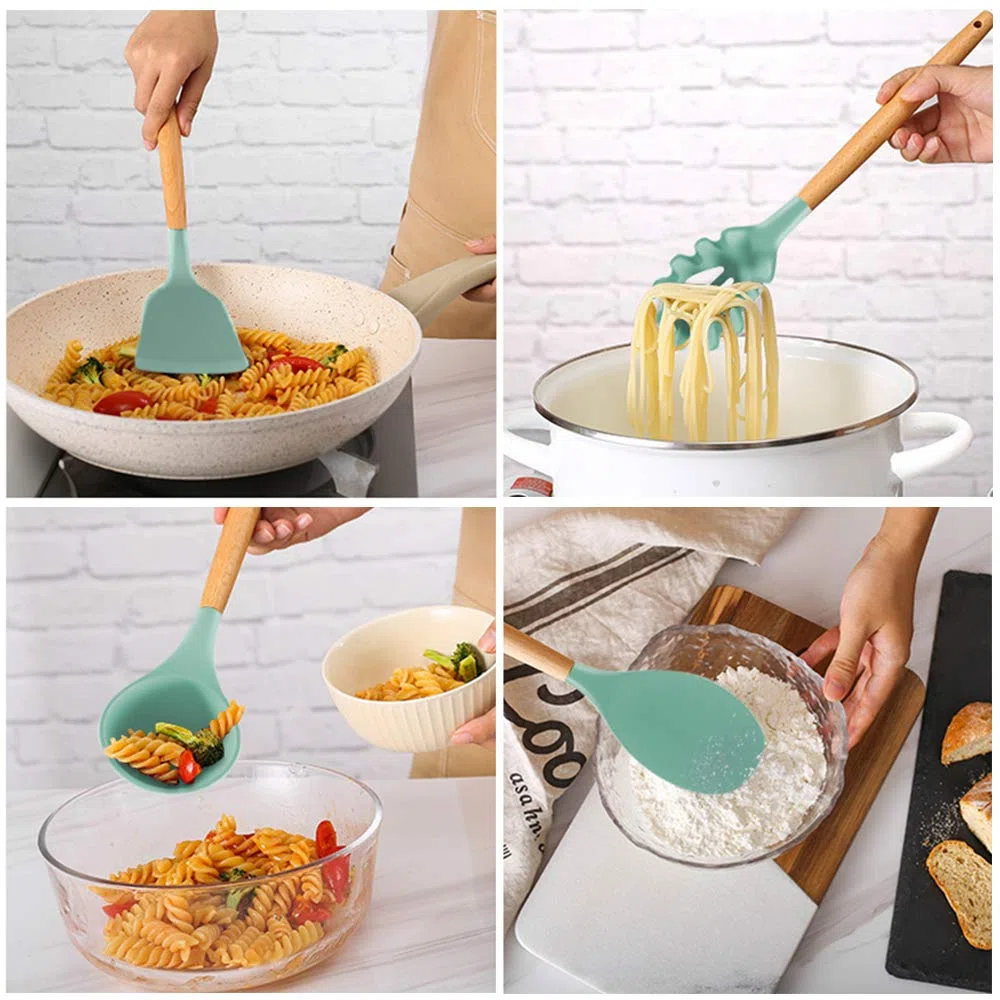 Utensilios Cocina de Silicona,Antiadherente con Mango de Madera,Resistentes Al Calor,14 Piezas,espátula,cuchara,cucharón,5 cucharas de medir y ganchos