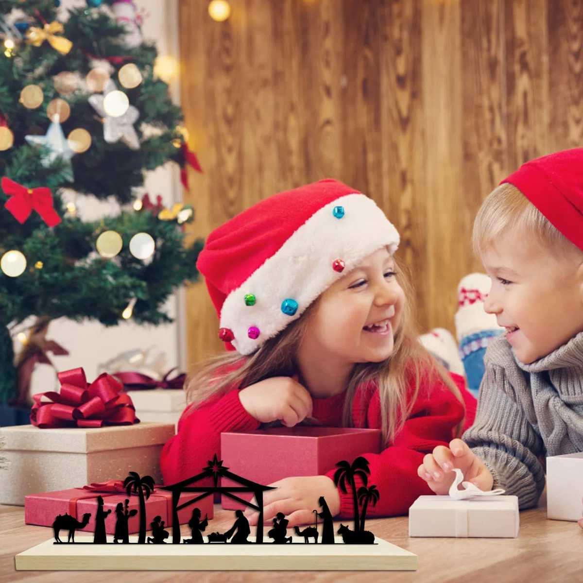 HINGTAI Juego de belén navideño de Metal Negro con Base de Madera, decoración de belén de Invierno, Juego de belén navideño para Interiores, decoración de Mesa y estantes para el hogar Durante