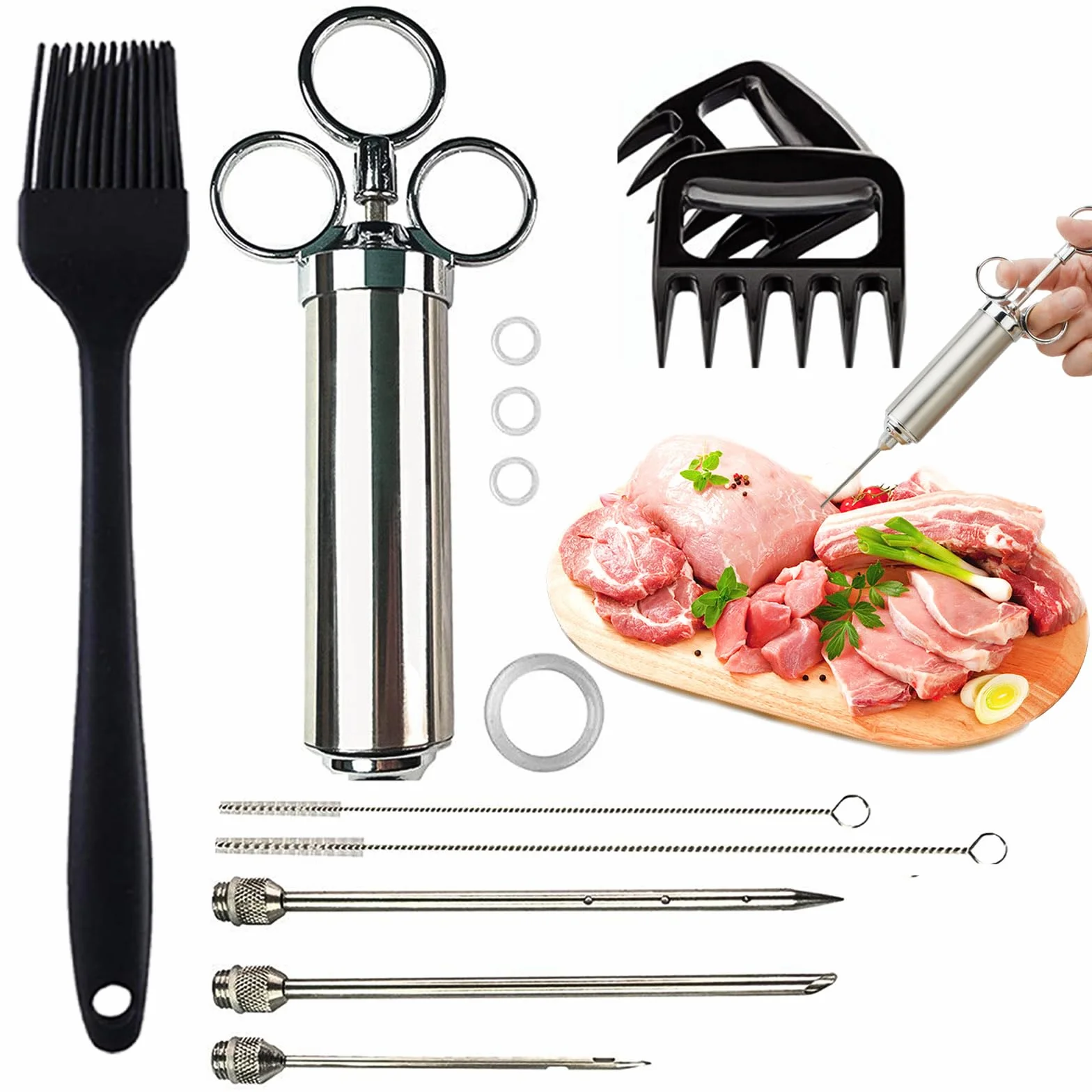 Inyector de carne de acero inoxidable de 60 ml con 3 agujas, jeringa de adobo para barbacoa, baster de pavo para carne de res, pollo y cerdo, apto para lavavajillas, fácil de limpiar