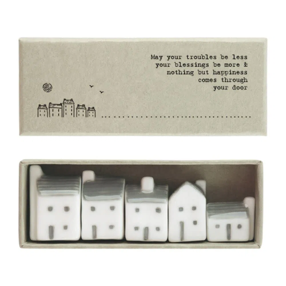 East of India Porcelain Mini Houses Gift, Street in a Box, Inspirational Keepsake Gift, Boxed Thinking of You Gift, Happiness Gift, Small Porcelain Houses