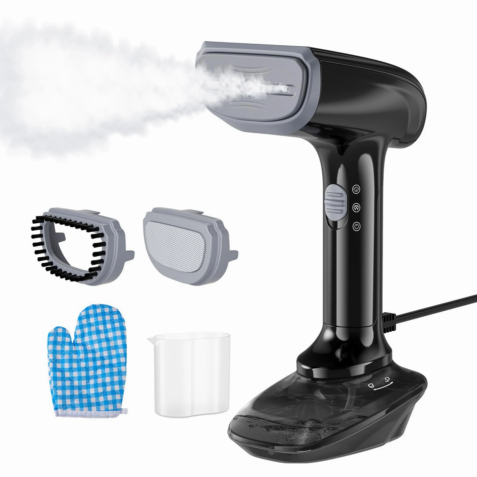 Plancha vertical vapor, 1200 W, tiempo de calentamiento de 30 segundos, presión de vapor de 23 g/min, depósito de agua extraíble de 300 ml, plancha y eliminador de arrugas 2 en 1 (Negro)