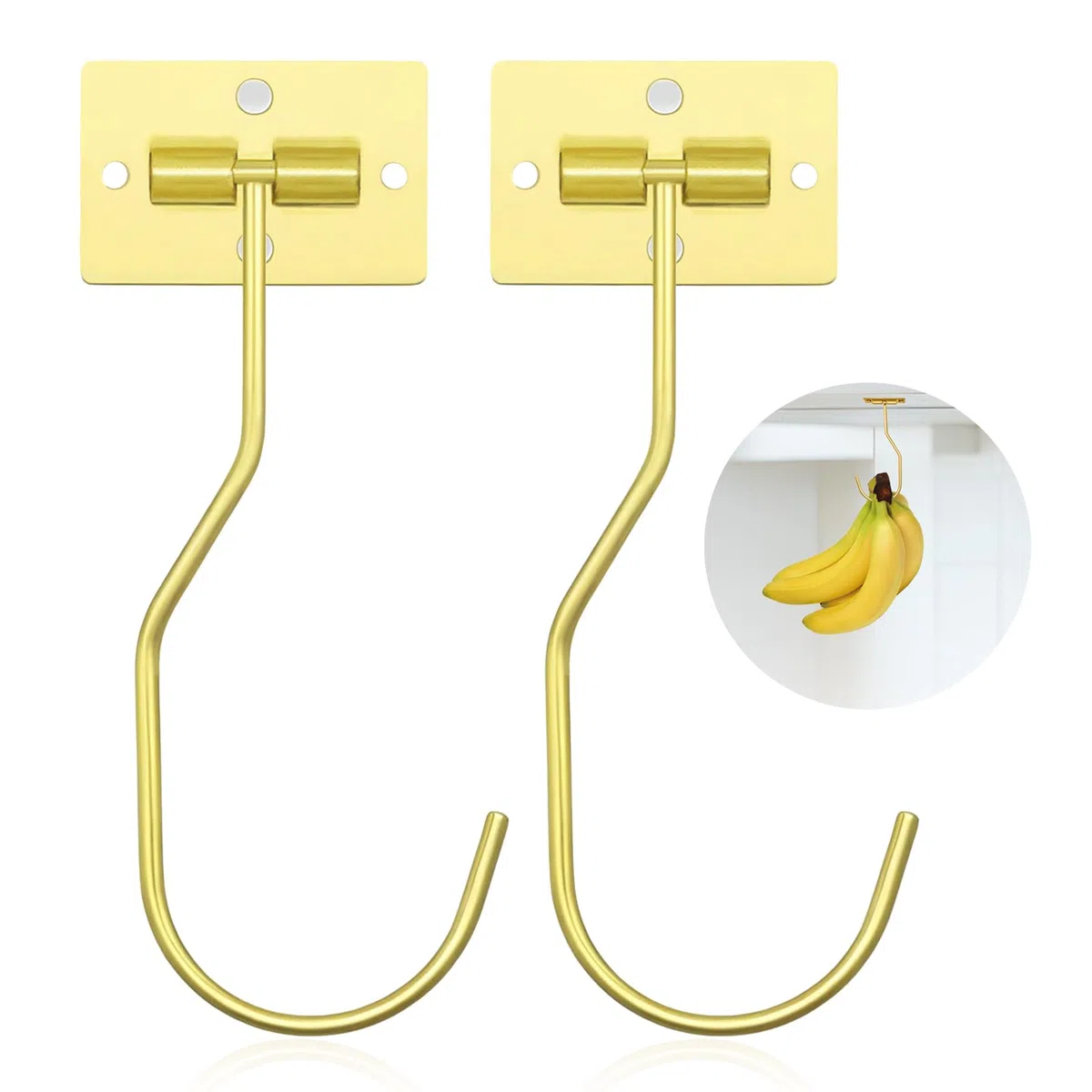 Gancho banana – Soporte para plátanos que ahorra espacio para mantener frescos los plátanos, ganchos autoadhesivos y enroscables, 2 unidades, color dorado