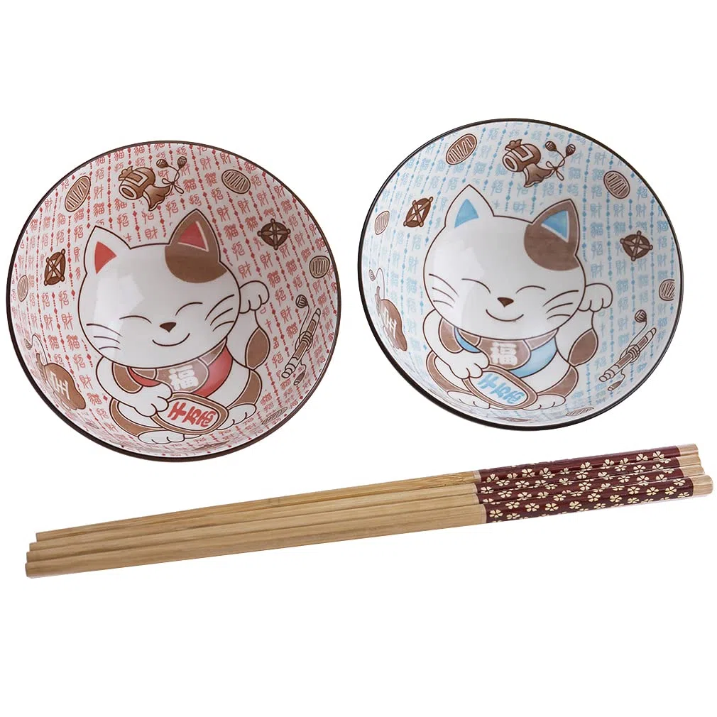 lachineuse - Caja de comida japonesa - Diseño Maneki Neko - Gato amuleto - 2 cuencos de arroz y sus palillos - Duo Gourmand - Decoración japonesa - Idea de regalo Japón Asia …