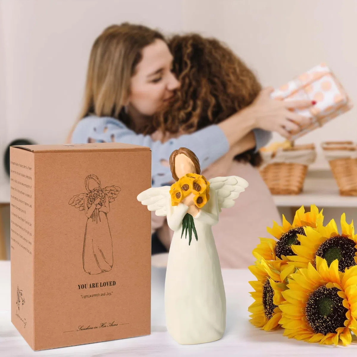 Figuras de ángel de la guarda, regalos de ángeles de girasol para mujeres, figura de ángel de girasol, decoración del hogar, estatua de ángel curativo pintada, con flores, regalos de ángel para