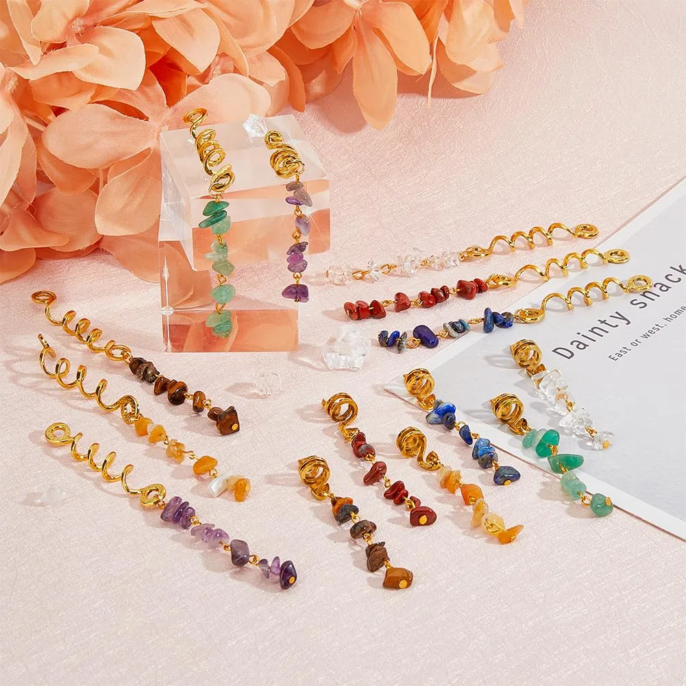 SUPERFINDINGS 14pcs 7 Colores Trenzas Joyas para el Cabello con Piedras Naturales Colgante Cristal Espiral Loc Joyería Cristal Dreadlock Accesorios Encantos para el Cabello para Trenzas