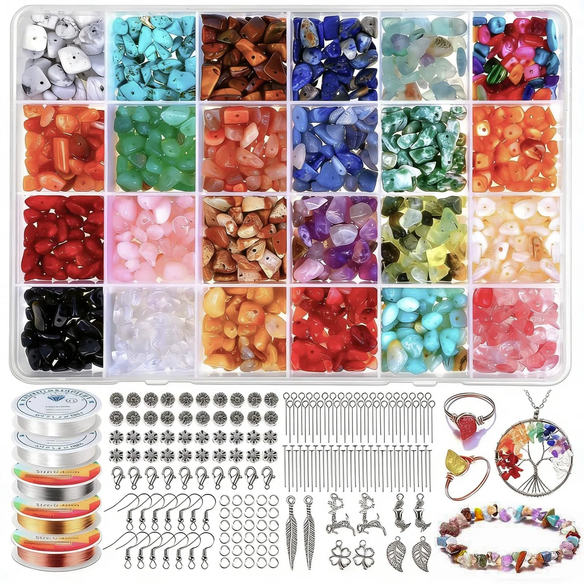 JTHTJOK Set para Hacer Joyería, 24 Colores Perlas de Piedras Preciosas Naturales 5–8 mm, Juego de 1510 Piezas de Perlas de Piedra para Joyería DIY, Anillos, Pulseras, Collares y Pendientes, Perlas de