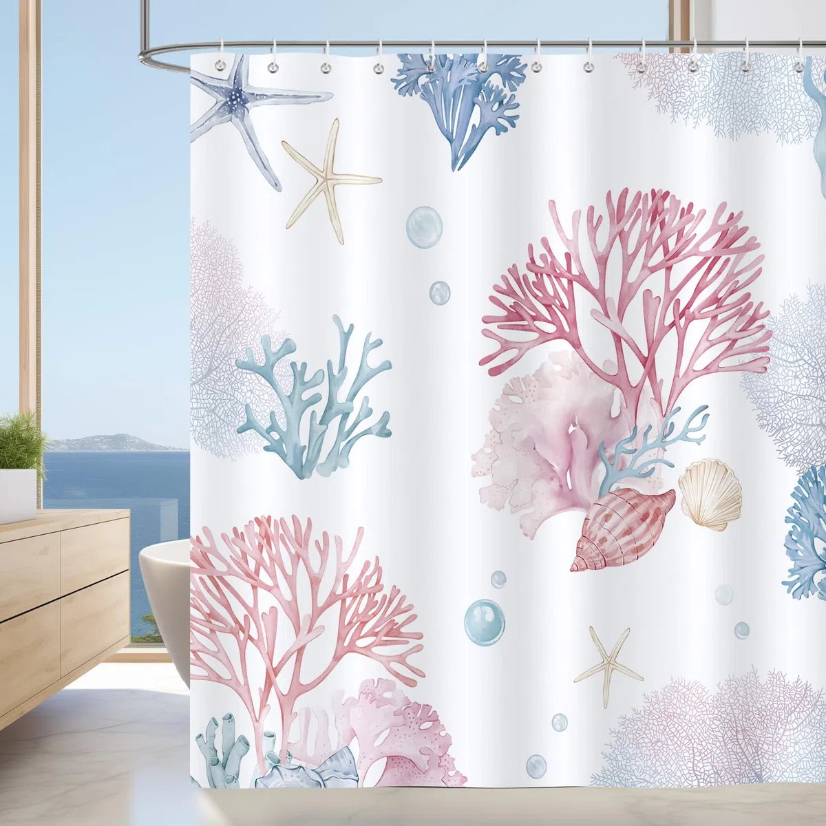 Bonhause Cortina de Ducha Rosa Azul Coral Estrella de Mar Concha Cortina de Baño de Poliéster Impermeable Antimoho Lavable Cortina Ducha 180 x 180 cm con 12 Ganchos
