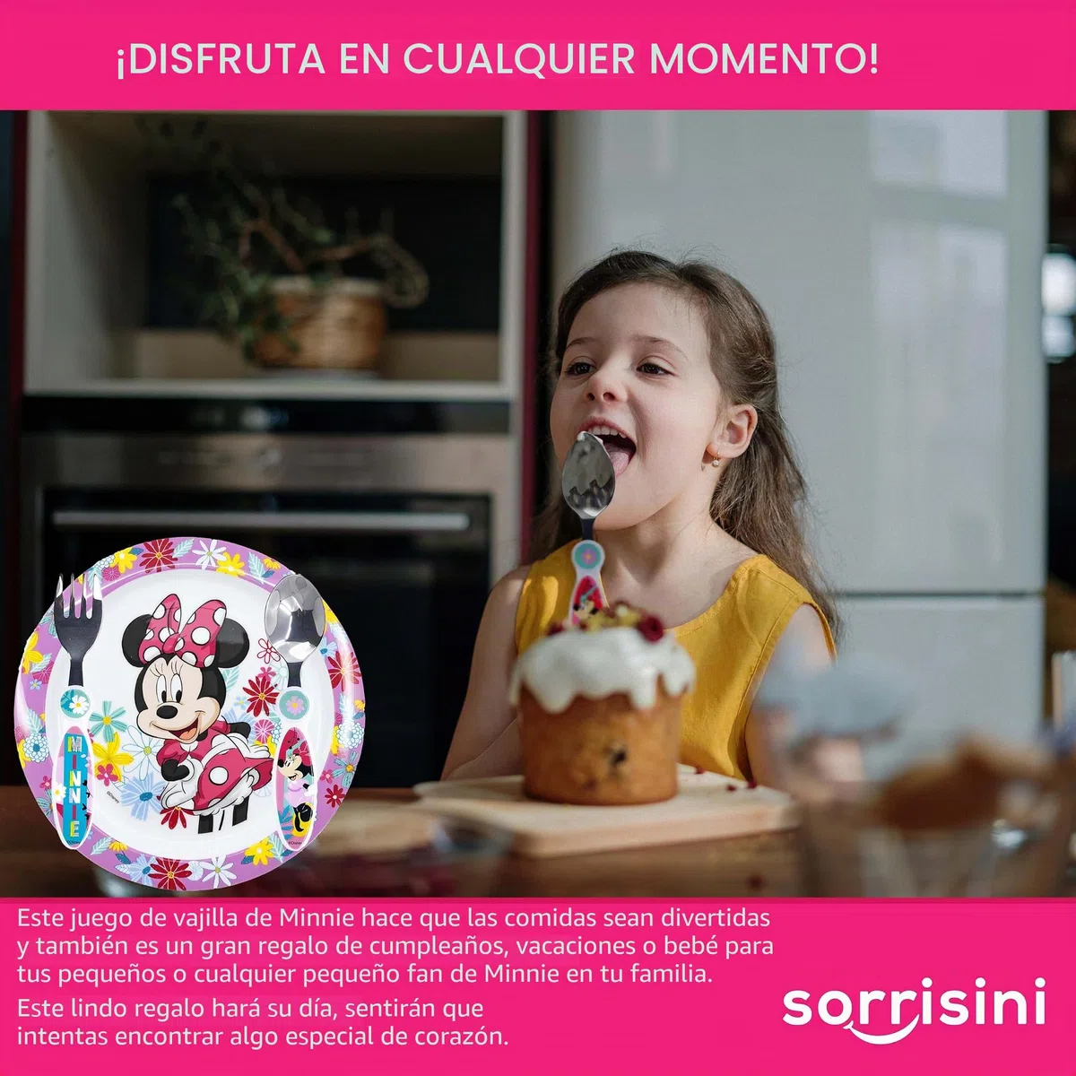 Vajilla Infantil Reutilizable Apta Para Microondas Para Niños Minnie Mouse, Juego de Desayuno para la Primera Comida Cubiertos, Tenedor, Cuchara de Acero Inoxidable y Plato, sin BPA