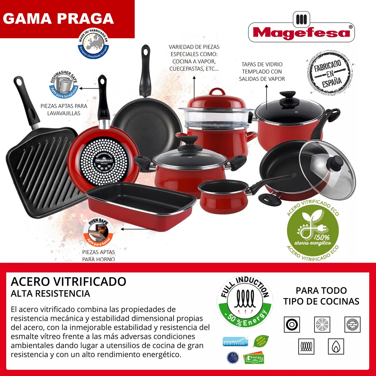 MAGEFESA 1112099 Praga paellera, Acero esmaltado vitrificado, Inducción y lavavajillas, Rojo, Diámetro 30