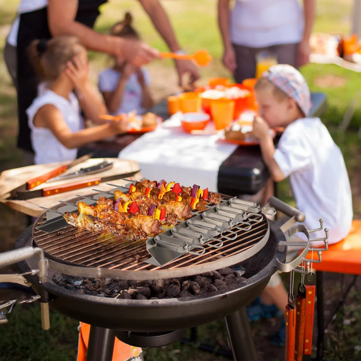 LALAGO 6pzs 41,3cm Pinchos BBQ con Soporte, Brochetas de Barbacoa de Acero Inoxidable, Juego de Pinchos Kebab con Cepillo y Bolsa para Barbacoas de Carbón, Gas y Eléctricas