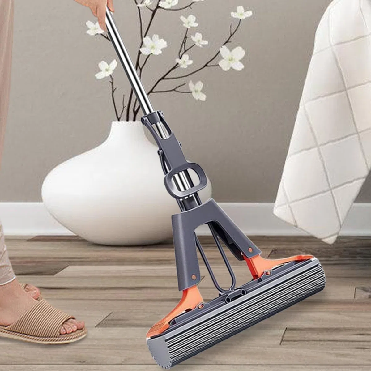 Fregona con rodillo para piso, fregona de piso de esponja de PVA, mango ajustable simplificado, esponja de PVA con agujero para colgar, 2 cabezales de esponja, fregona absorbente para balcón, cocina